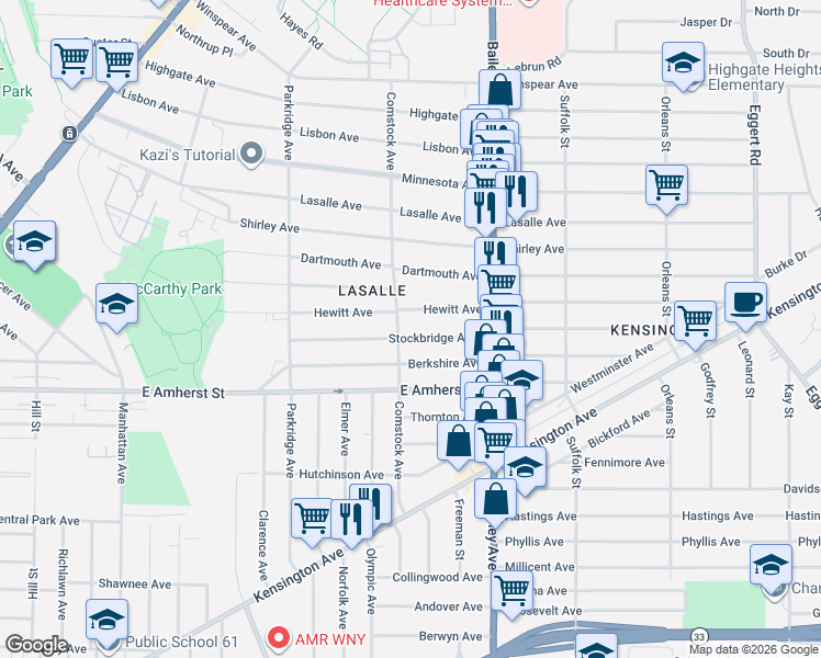 map of restaurants, bars, coffee shops, grocery stores, and more near 196 Comstock Avenue in Buffalo