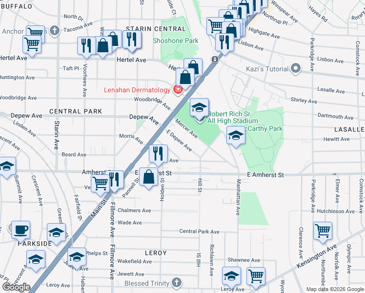 map of restaurants, bars, coffee shops, grocery stores, and more near 72 East Depew Avenue in Buffalo