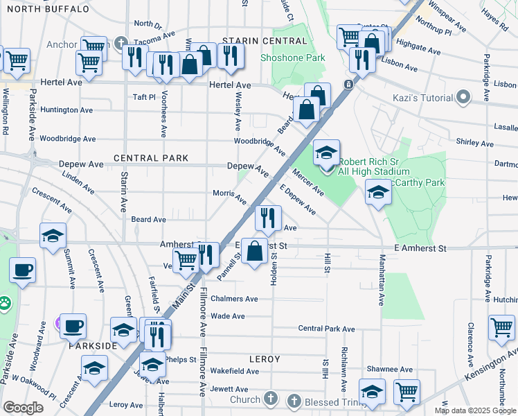 map of restaurants, bars, coffee shops, grocery stores, and more near 2773 Main Street in Buffalo