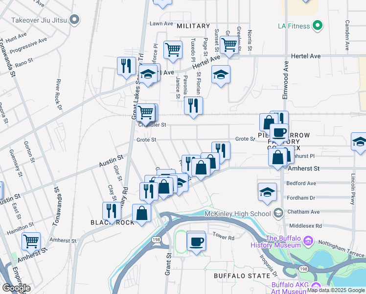 map of restaurants, bars, coffee shops, grocery stores, and more near 159 Howell Street in Buffalo