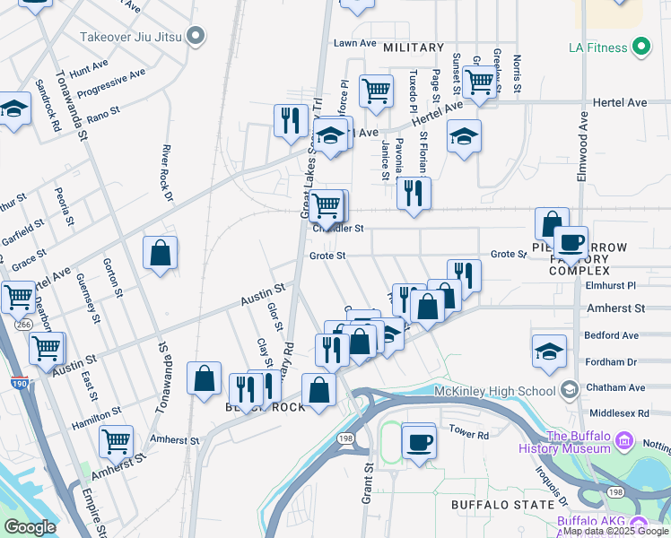 map of restaurants, bars, coffee shops, grocery stores, and more near 168 Peter Street in Buffalo