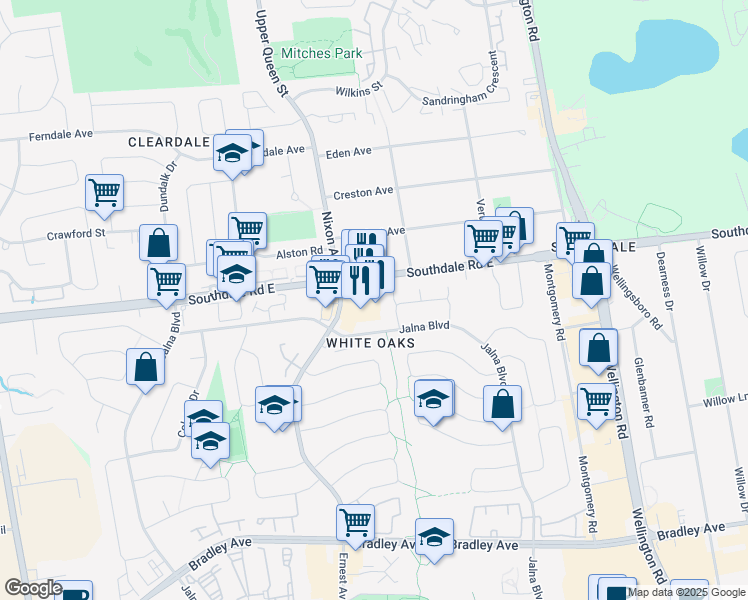 map of restaurants, bars, coffee shops, grocery stores, and more near 561 Southdale Road East in London