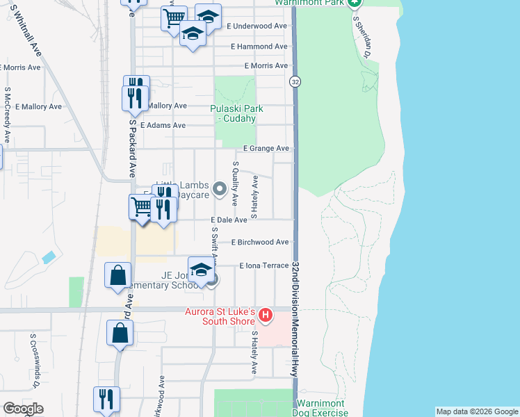map of restaurants, bars, coffee shops, grocery stores, and more near 5642 South Hately Avenue in Cudahy