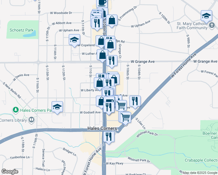 map of restaurants, bars, coffee shops, grocery stores, and more near 5606 South 108th Street in Hales Corners