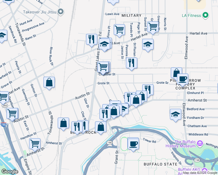 map of restaurants, bars, coffee shops, grocery stores, and more near 168 Peter Street in Buffalo