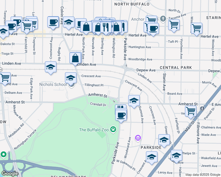 map of restaurants, bars, coffee shops, grocery stores, and more near 111 Tillinghast Place in Buffalo