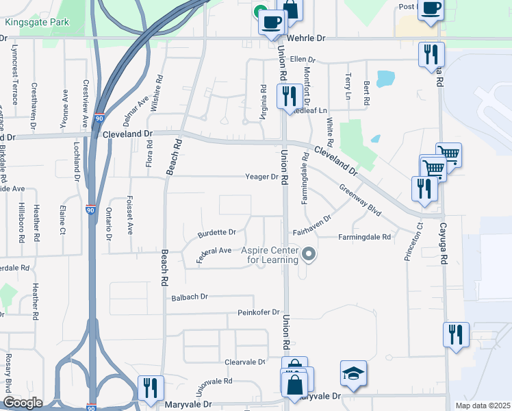 map of restaurants, bars, coffee shops, grocery stores, and more near 125 Burdette Drive in Buffalo