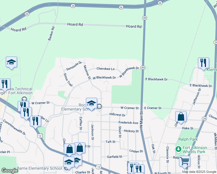 map of restaurants, bars, coffee shops, grocery stores, and more near 1008 Monroe Street in Fort Atkinson