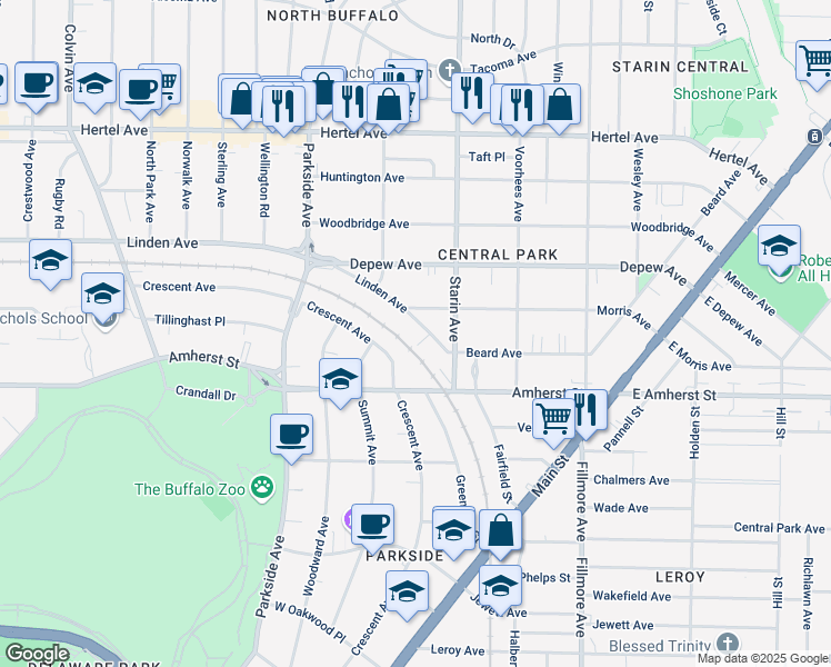 map of restaurants, bars, coffee shops, grocery stores, and more near 48 Linden Avenue in Buffalo