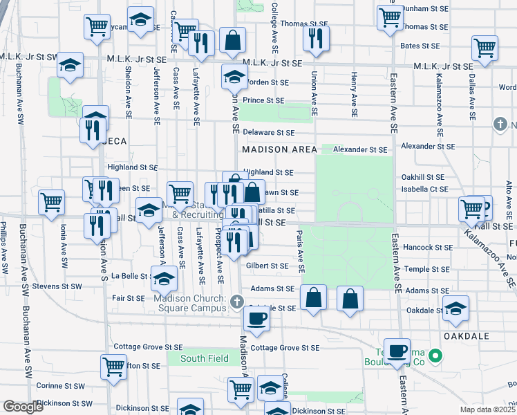 map of restaurants, bars, coffee shops, grocery stores, and more near 433 Umatilla Street Southeast in Grand Rapids