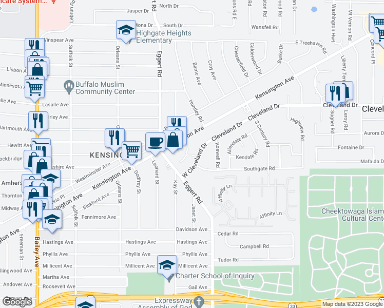 map of restaurants, bars, coffee shops, grocery stores, and more near 2 Cleveland Drive in Buffalo