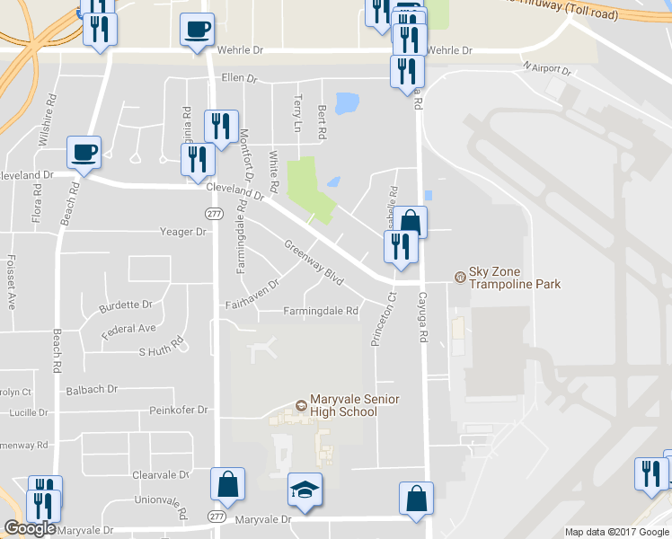 map of restaurants, bars, coffee shops, grocery stores, and more near 150 Greenway Boulevard in Buffalo