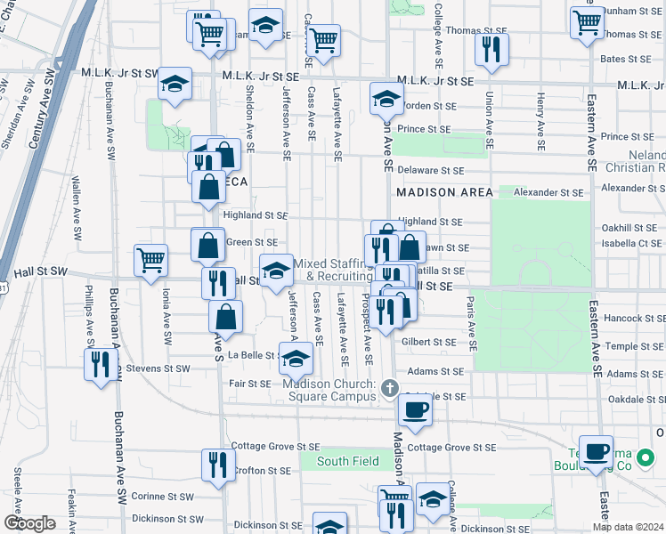 map of restaurants, bars, coffee shops, grocery stores, and more near 1159 Lafayette Avenue Southeast in Grand Rapids