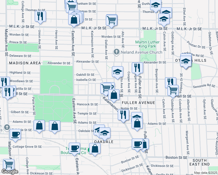 map of restaurants, bars, coffee shops, grocery stores, and more near 1132 Dallas Avenue Southeast in Grand Rapids
