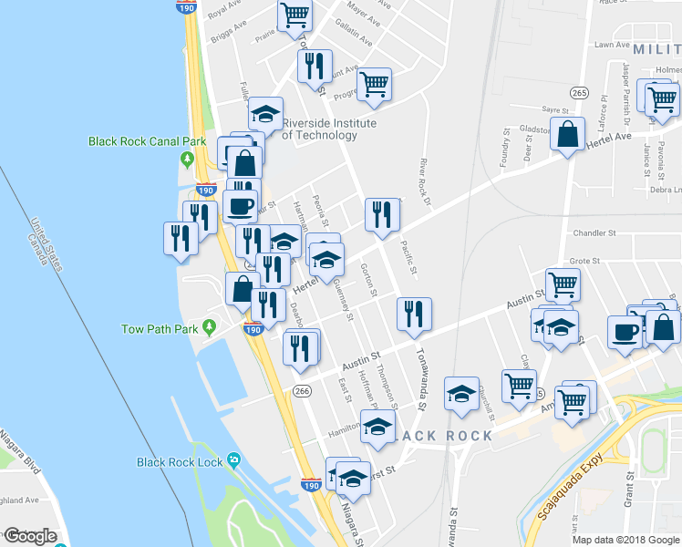 map of restaurants, bars, coffee shops, grocery stores, and more near 121 Hertel Avenue in Buffalo