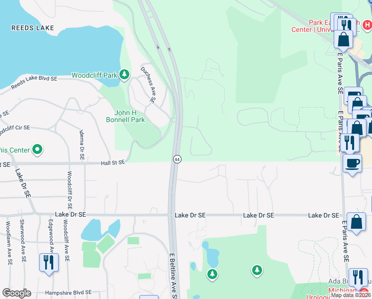 map of restaurants, bars, coffee shops, grocery stores, and more near 3669 Windshire Drive Southeast in Grand Rapids