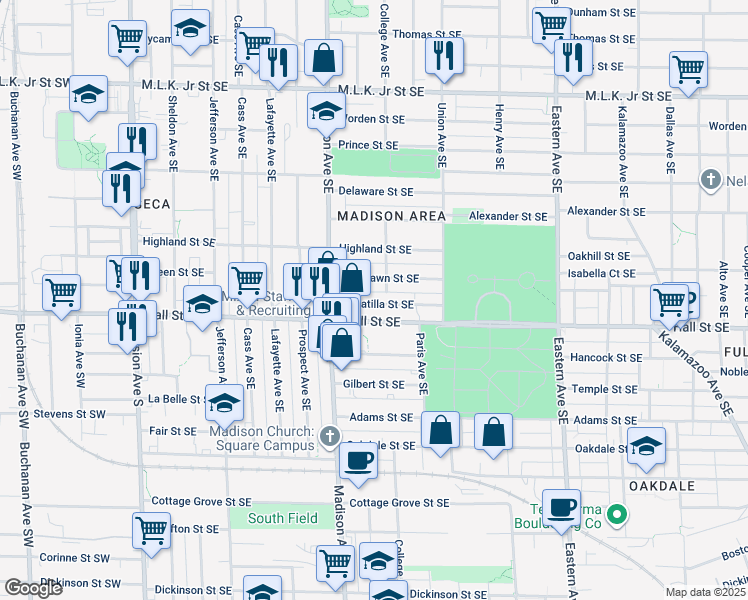 map of restaurants, bars, coffee shops, grocery stores, and more near 449 Umatilla Street Southeast in Grand Rapids