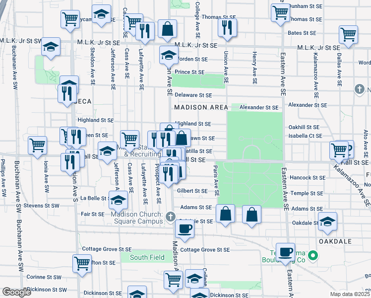 map of restaurants, bars, coffee shops, grocery stores, and more near 429 Umatilla Street Southeast in Grand Rapids