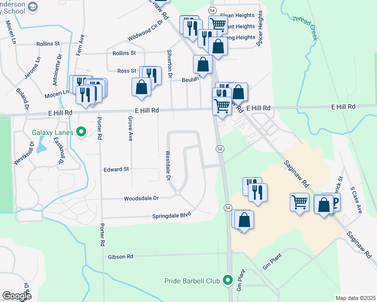 map of restaurants, bars, coffee shops, grocery stores, and more near 6069 Woodsdale Drive in Grand Blanc