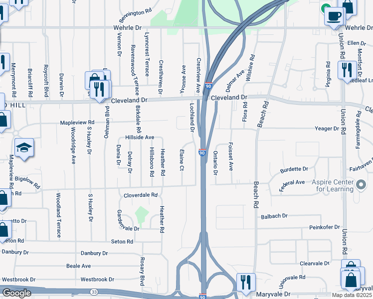 map of restaurants, bars, coffee shops, grocery stores, and more near 22 Elaine Court in Buffalo