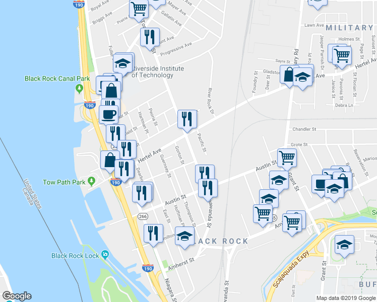 map of restaurants, bars, coffee shops, grocery stores, and more near 470 Tonawanda Street in Buffalo