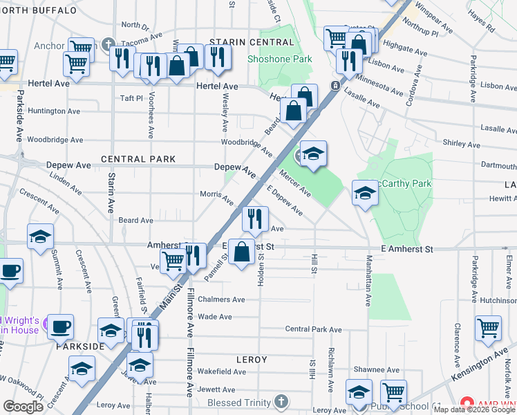 map of restaurants, bars, coffee shops, grocery stores, and more near 19 Benwood Avenue in Buffalo