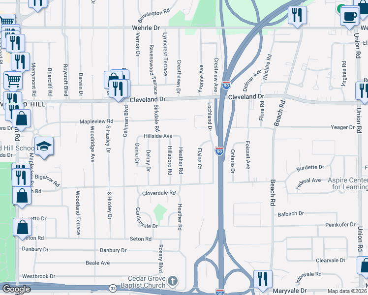 map of restaurants, bars, coffee shops, grocery stores, and more near 181 Heather Road in Buffalo