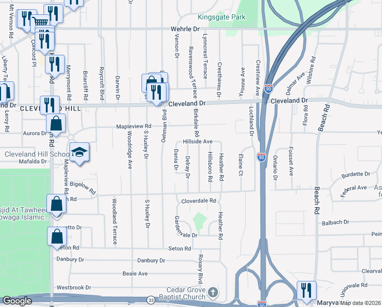 map of restaurants, bars, coffee shops, grocery stores, and more near 65 Delray Drive in Cheektowaga