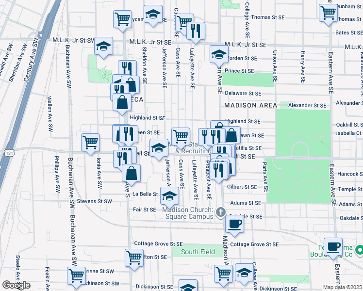 map of restaurants, bars, coffee shops, grocery stores, and more near 1154 Cass Avenue Southeast in Grand Rapids