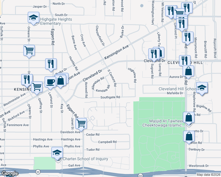 map of restaurants, bars, coffee shops, grocery stores, and more near 53 Kendale Rd in Buffalo