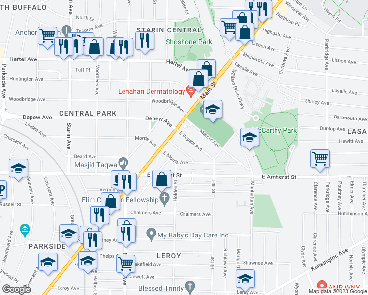 map of restaurants, bars, coffee shops, grocery stores, and more near 34 Benwood Avenue in Buffalo