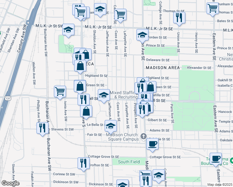 map of restaurants, bars, coffee shops, grocery stores, and more near 1154 Cass Avenue Southeast in Grand Rapids