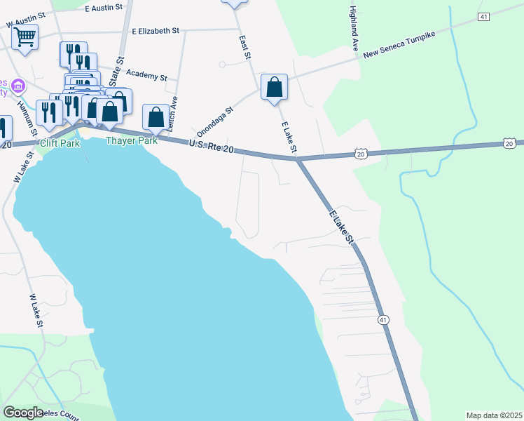 map of restaurants, bars, coffee shops, grocery stores, and more near 7 Lakeview Circle in Skaneateles