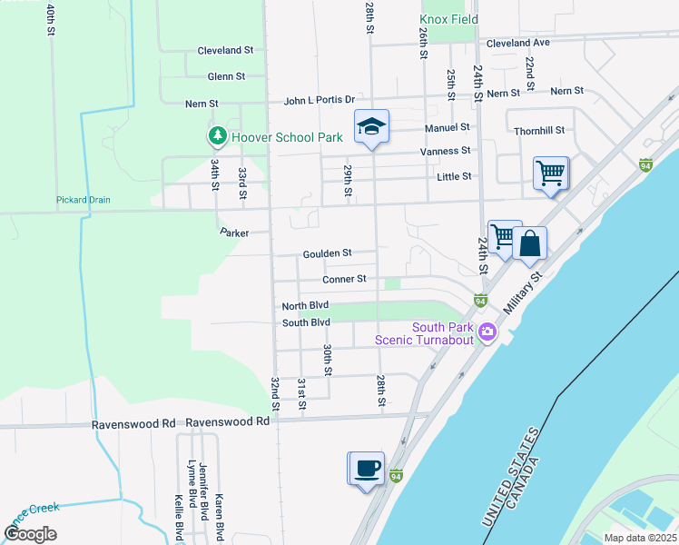map of restaurants, bars, coffee shops, grocery stores, and more near 2913 Conner Street in Port Huron