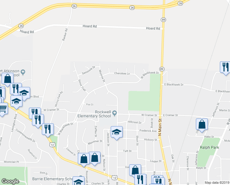 map of restaurants, bars, coffee shops, grocery stores, and more near 1018 Monroe Street in Fort Atkinson