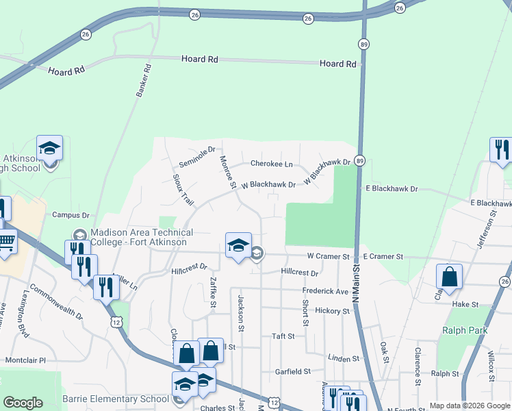 map of restaurants, bars, coffee shops, grocery stores, and more near 1018 Monroe Street in Fort Atkinson