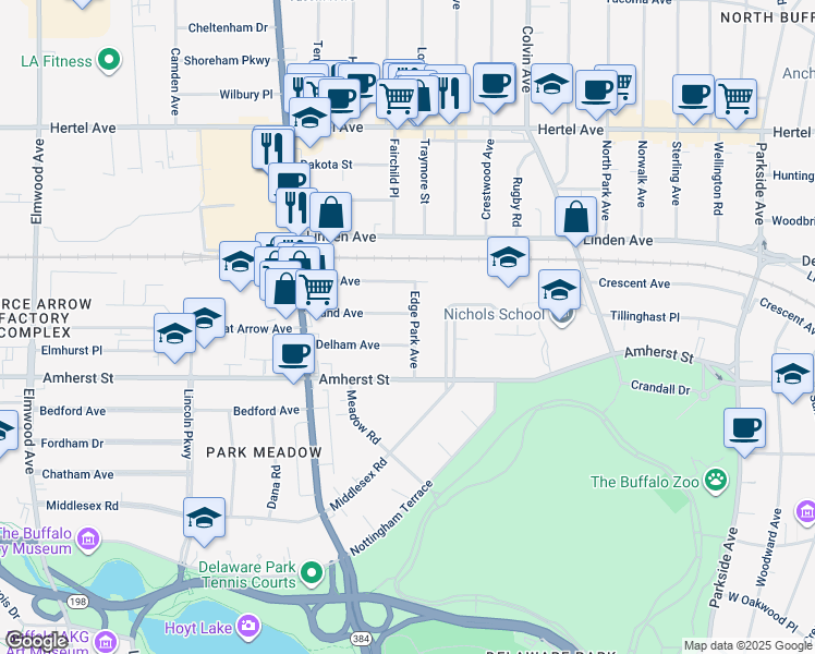 map of restaurants, bars, coffee shops, grocery stores, and more near 52 Edge Park Avenue in Buffalo