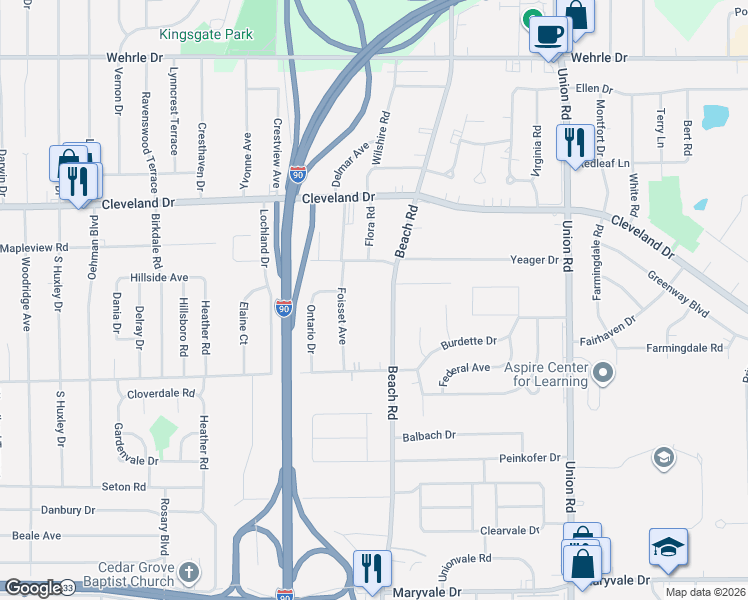 map of restaurants, bars, coffee shops, grocery stores, and more near 782 Beach Road in Cheektowaga