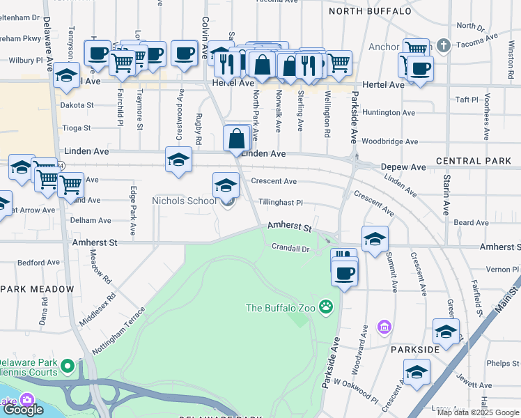 map of restaurants, bars, coffee shops, grocery stores, and more near 29 Tillinghast Place in Buffalo