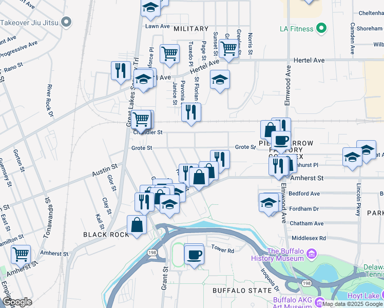 map of restaurants, bars, coffee shops, grocery stores, and more near 80 Reservation Street in Buffalo