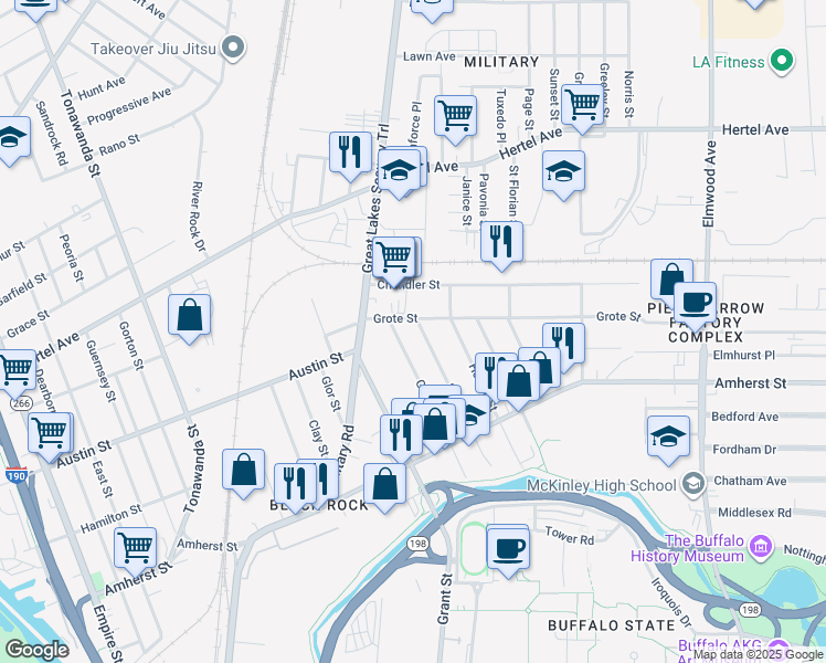 map of restaurants, bars, coffee shops, grocery stores, and more near 168 Peter Street in Buffalo