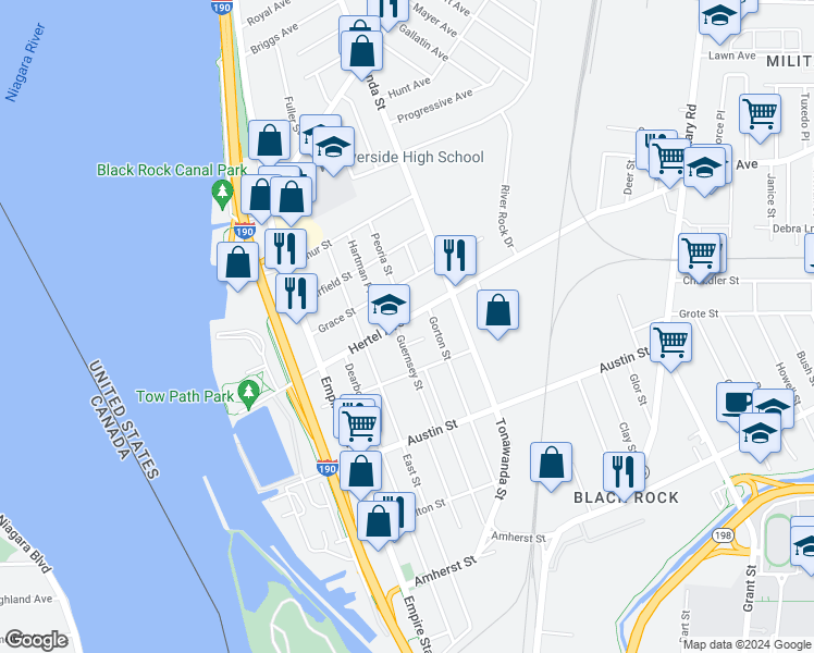 map of restaurants, bars, coffee shops, grocery stores, and more near 244 Gorton Street in Buffalo