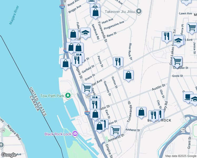 map of restaurants, bars, coffee shops, grocery stores, and more near 102 Hertel Avenue in Buffalo