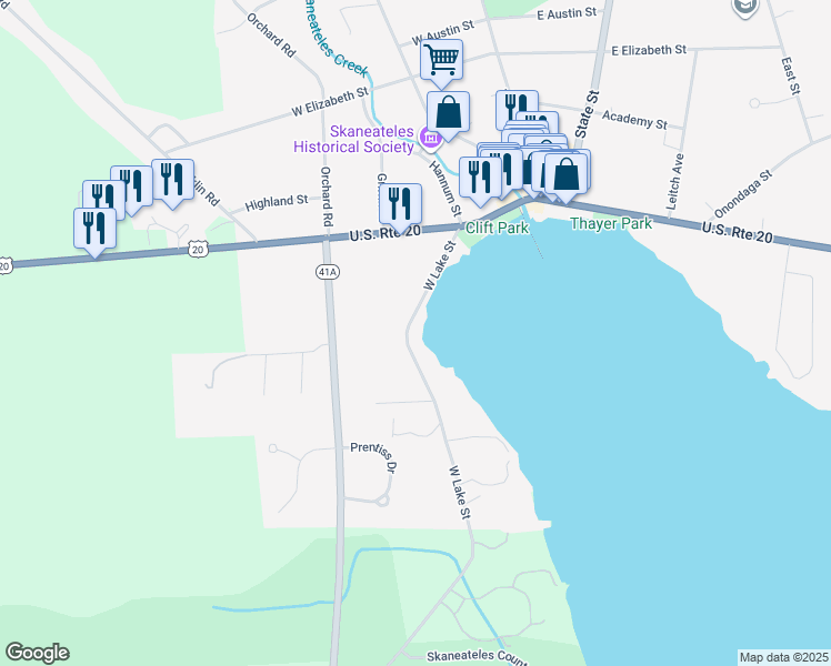 map of restaurants, bars, coffee shops, grocery stores, and more near 39 W Lake St in Skaneateles