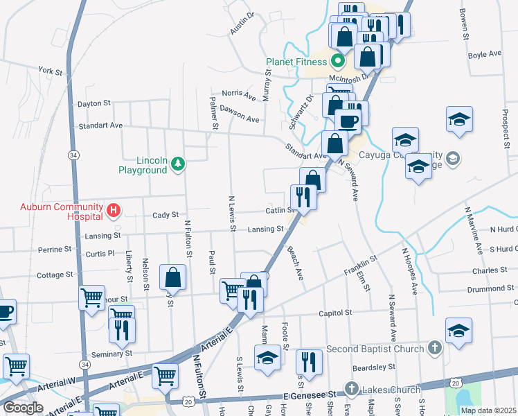 map of restaurants, bars, coffee shops, grocery stores, and more near 23 Catlin Street in Auburn