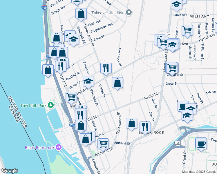 map of restaurants, bars, coffee shops, grocery stores, and more near 467 Tonawanda Street in Buffalo