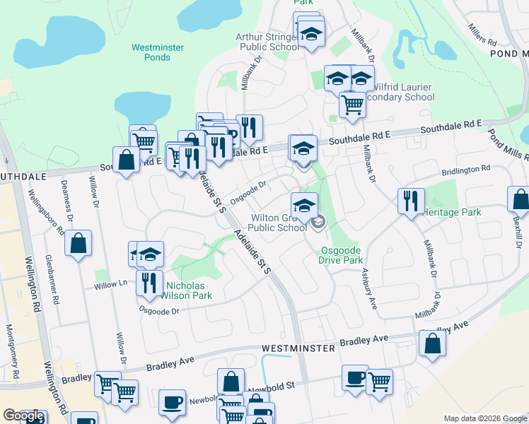 map of restaurants, bars, coffee shops, grocery stores, and more near 711 Osgoode Drive in London