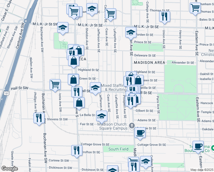 map of restaurants, bars, coffee shops, grocery stores, and more near 1152 Cass Avenue Southeast in Grand Rapids