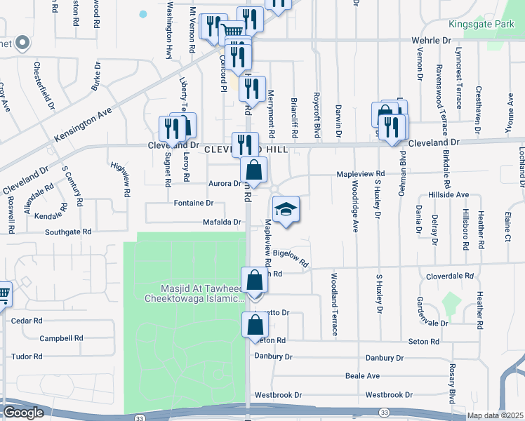 map of restaurants, bars, coffee shops, grocery stores, and more near 136 Mapleview Road in Buffalo