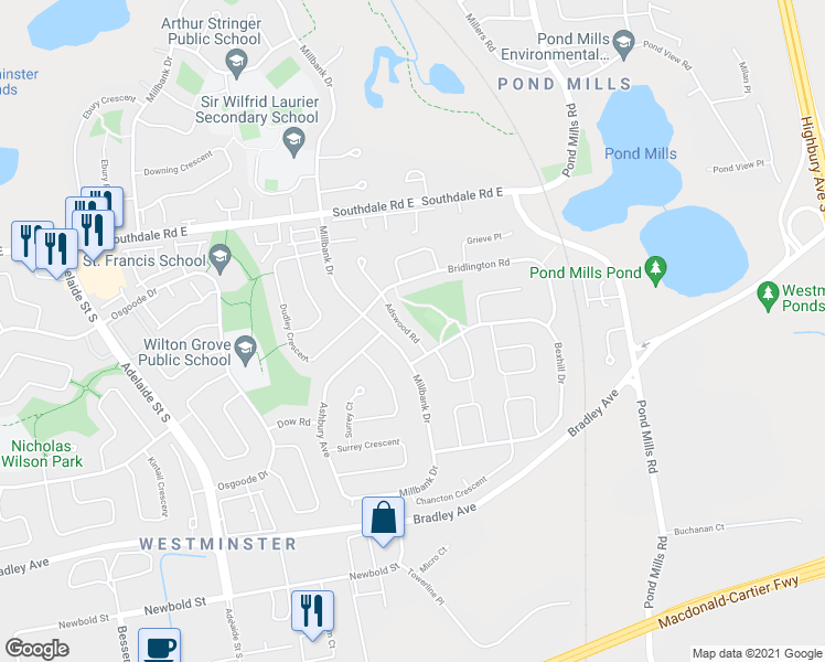 map of restaurants, bars, coffee shops, grocery stores, and more near 75 Adswood Road in London